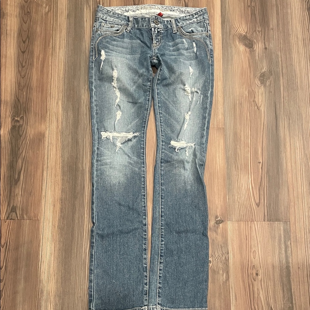 GUESS Foxy Straight Leg Distressed Blue Jeans